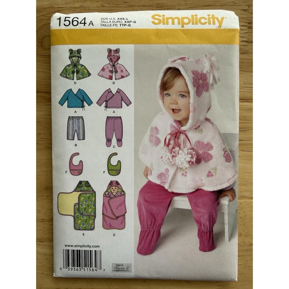 Simplicity Pattern 1564‎ Babies Top Pants Capelet Bib Blanket Size XXS-L (0-18M)